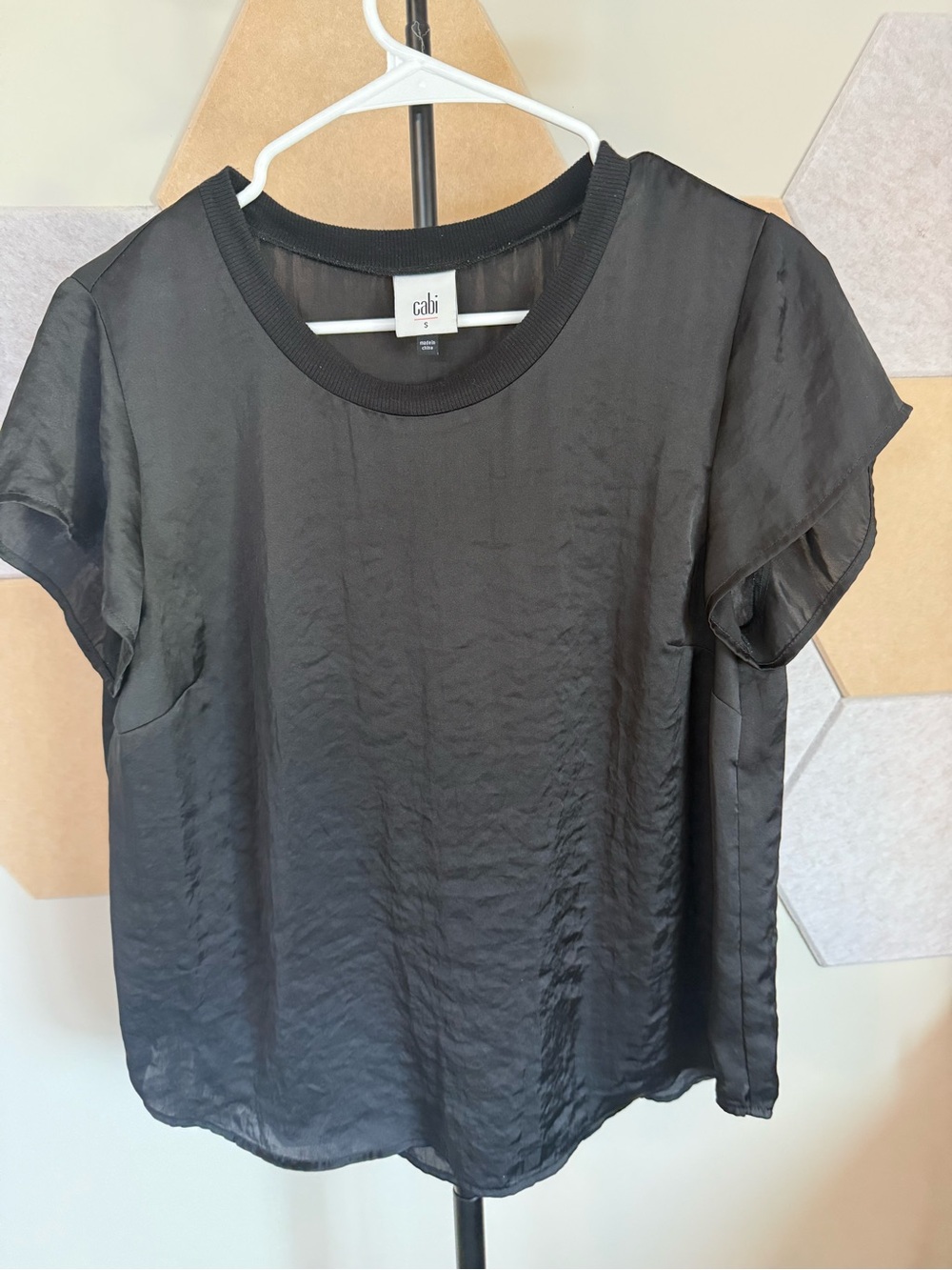 CAbi Black Satin Short-Sleeve Crewneck Blouse